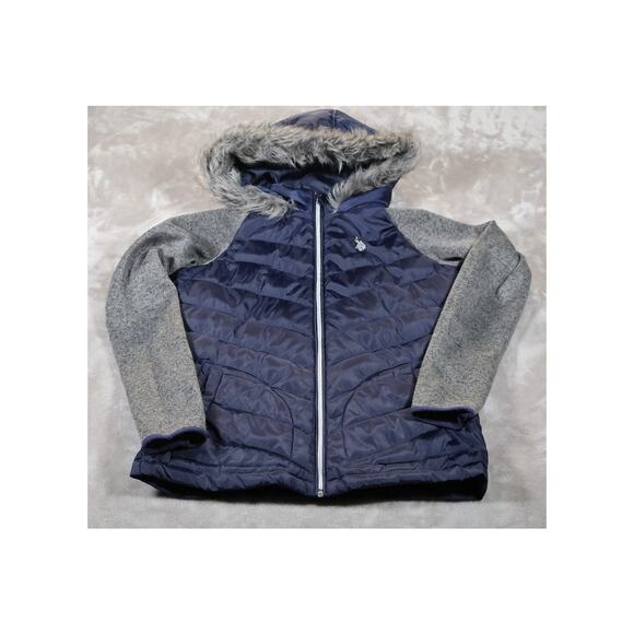 US Polo Assn Jacket Womens Small Blue Gray Hooded Faux Fur Zip Knit Sleeves Warm - Picture 1 of 7